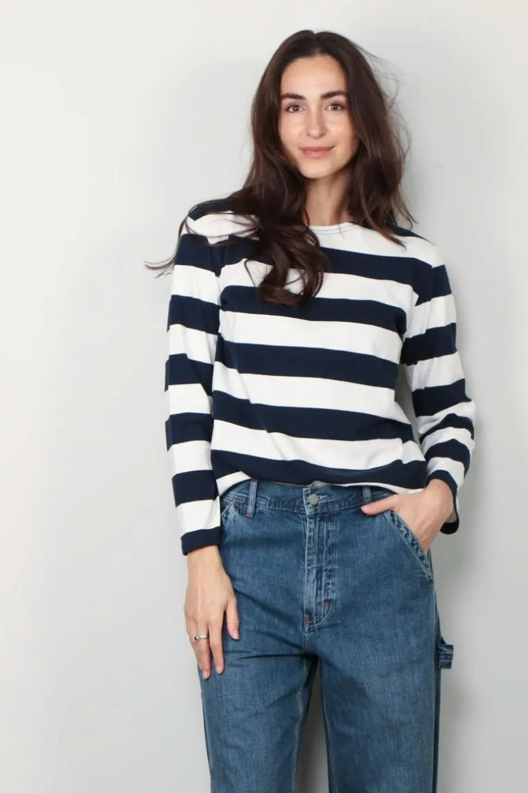 Denimist T-Shirt - Long - Sleeve - Boatneck - Jumbo - Navy White Stripe