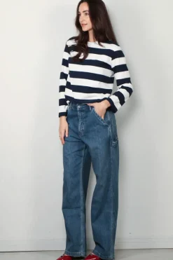 Denimist T-Shirt - Long - Sleeve - Boatneck - Jumbo - Navy White Stripe