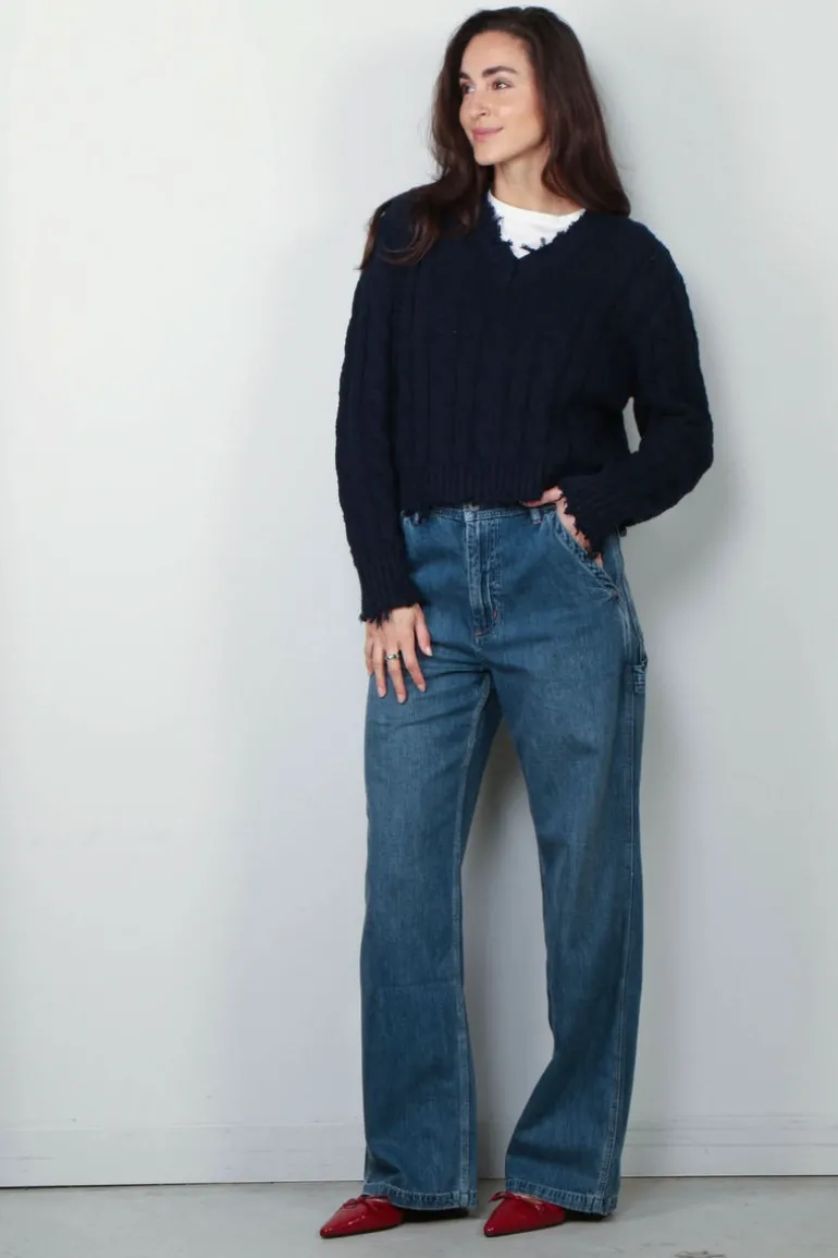 Denimist Trui - V-Neck Cable Sweater - Navy
