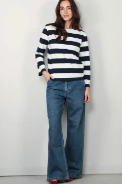 Denimist T-Shirt - Long - Sleeve - Boatneck - Jumbo - Navy White Stripe