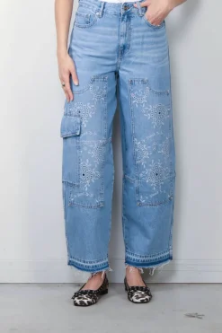 Ganni Jeans - Broderie Anglaise Denim Carpenter Jeans - Light Blue Stone