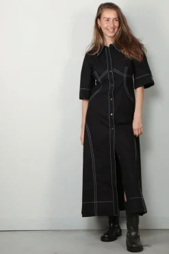 Ganni Jurk - Cotton Poplin Long Shirt Dress - Black