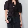Ganni Top - Washed Stretch Cotton Tie Strap Blouse - Black