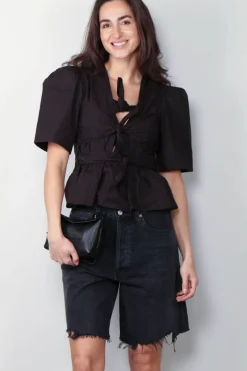 Ganni Top - Washed Stretch Cotton Tie Strap Blouse - Black