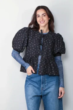 Ganni Top - Printed Cotton Peplum Blouse - Phantom