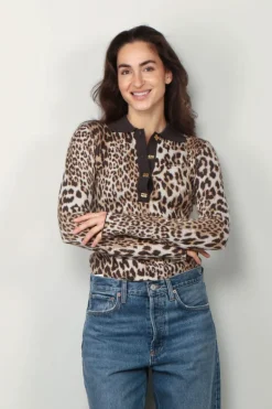 Ganni Top - Fine Merino Jacquard Leopard Polo - Leopard