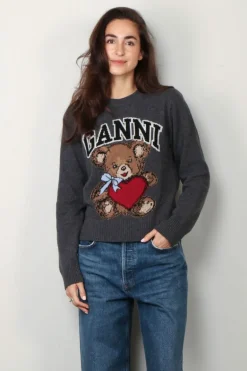Ganni Trui - Graphic Wool Mix Bear Crewneck - Gray quill