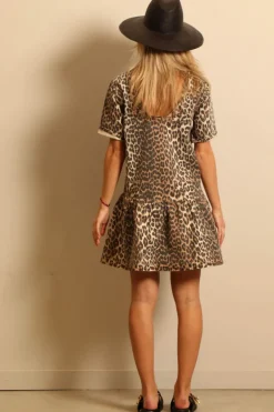 Ganni jurk - J1444 Print Denim Open-back Mini Dress - Leopard