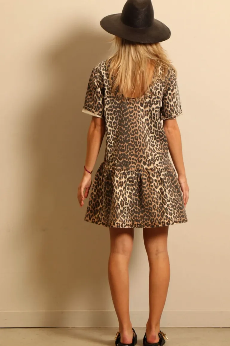 Ganni jurk - J1444 Print Denim Open-back Mini Dress - Leopard