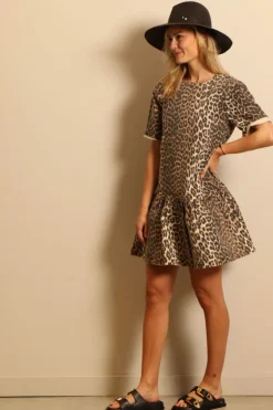 Ganni jurk - J1444 Print Denim Open-back Mini Dress - Leopard