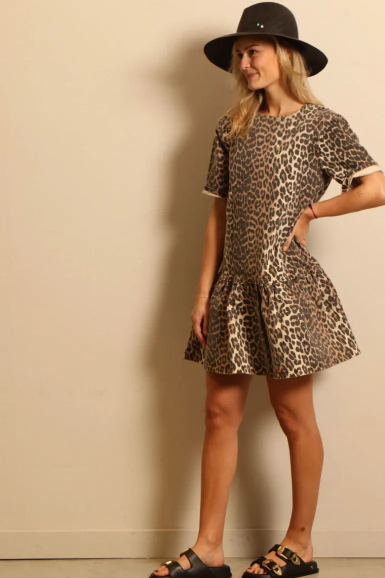 Ganni jurk - J1444 Print Denim Open-back Mini Dress - Leopard