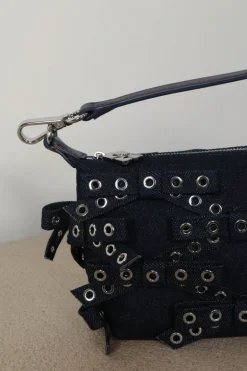 Ganni Tas - Butterfly Small Pouch Bow Eyelet Denim - Dark Navy