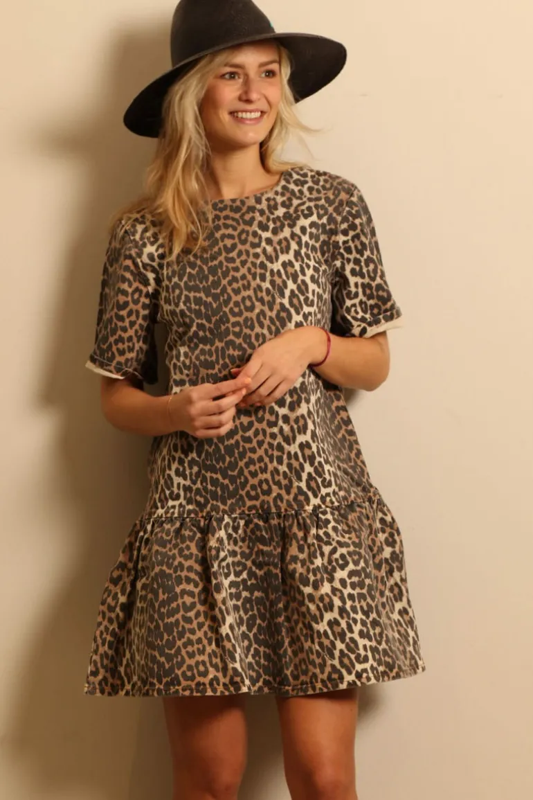 Ganni jurk - J1444 Print Denim Open-back Mini Dress - Leopard