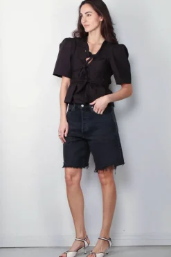 Ganni Top - Washed Stretch Cotton Tie Strap Blouse - Black