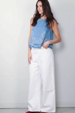 Ganni Top - Broderie Anglaise Denim Top - Light Blue Stone
