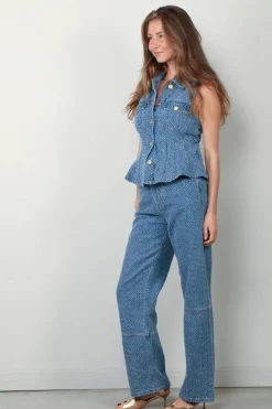 Ganni Top - Fluffy Denim Fitted Top - Mid Blue Stone