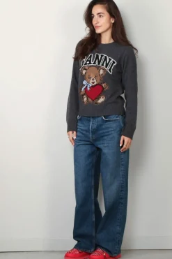 Ganni Trui - Graphic Wool Mix Bear Crewneck - Gray quill