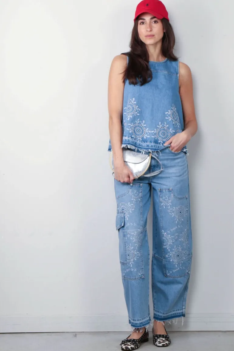 Ganni Jeans - Broderie Anglaise Denim Carpenter Jeans - Light Blue Stone