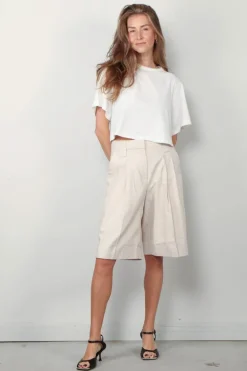 Ganni Short - Cotton Melange Tailoring Wide Shorts - Angora