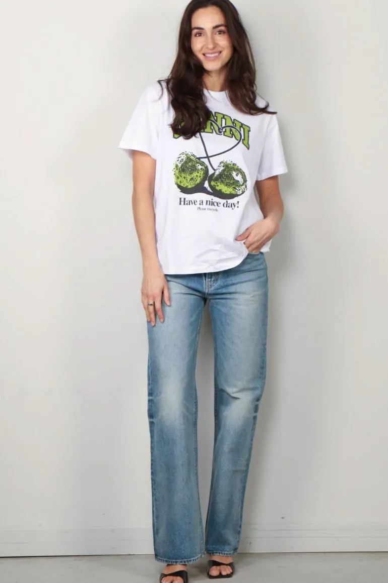 Ganni T-shirt - Basic Jersey Green Cherry Relaxed T-shirt - Bright White