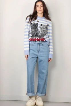 Ganni Trui - Striped Graphic Wool Mix Cats Crewneck - Illusion blue