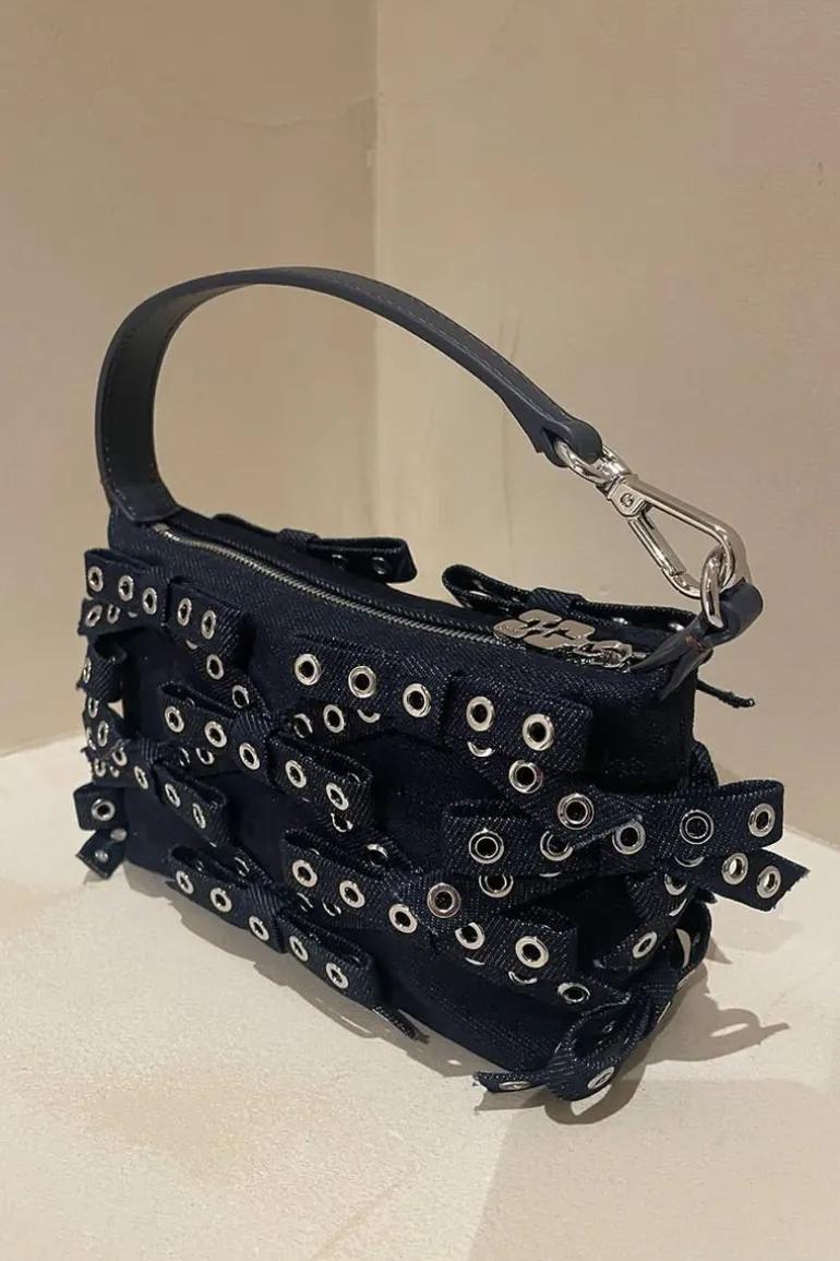 Ganni Tas - Butterfly Small Pouch Bow Eyelet Denim - Dark Navy