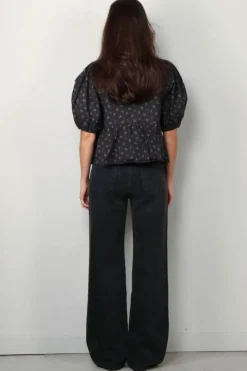 Ganni Top - Printed Cotton Peplum Blouse - Phantom
