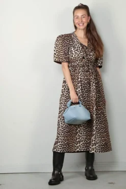 Ganni Jurk - Printed Cotton Tie Strap Midi Dress - Leopard
