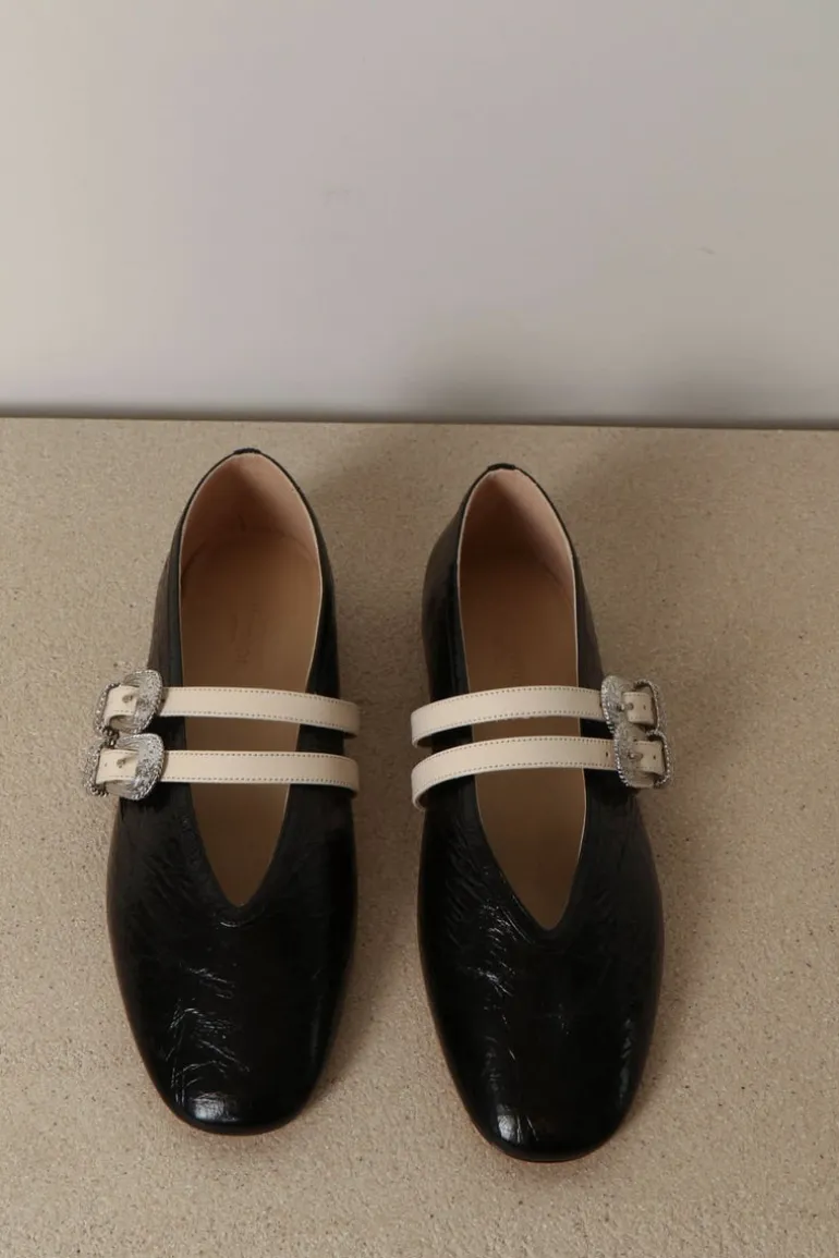 Le Monde Béryl Ballerina's - Ballet Claudia Slippers Leather - Black & Ecru