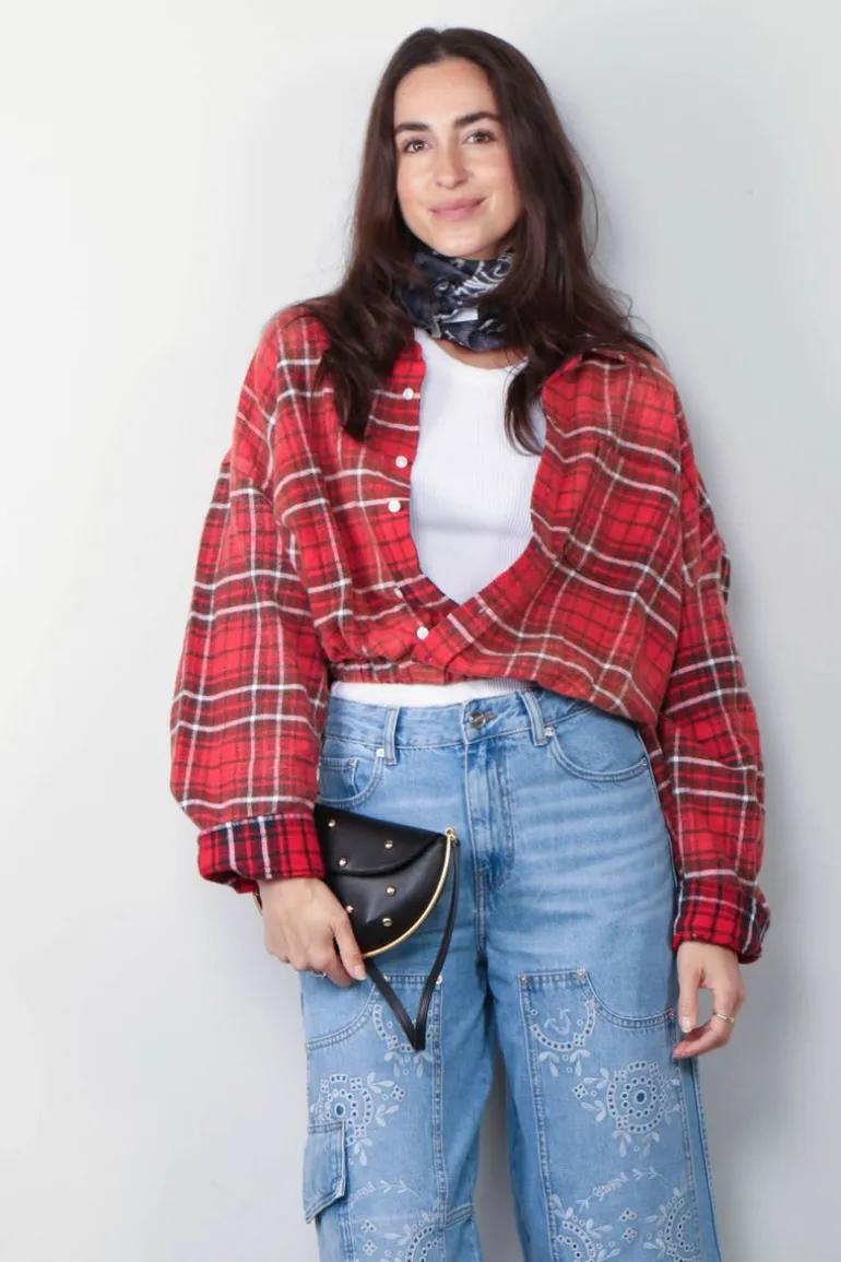 R13 Blouse - Crossover Bubble Shirt - Washed Red Plaid