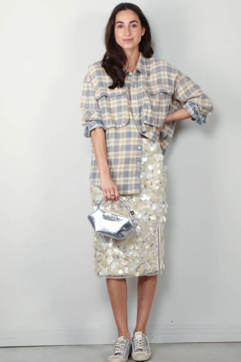 R13 Blouse - Oversized Pocket Drop Neck Shirt - Cream/ Blue Plaid