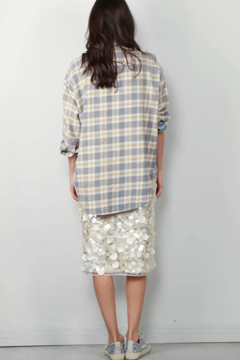 R13 Blouse - Oversized Pocket Drop Neck Shirt - Cream/ Blue Plaid