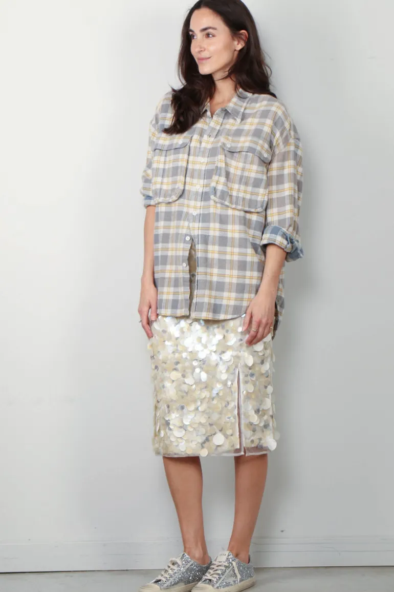 R13 Blouse - Oversized Pocket Drop Neck Shirt - Cream/ Blue Plaid