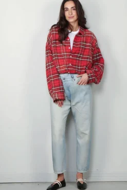 R13 Blouse - Crossover Bubble Shirt - Washed Red Plaid