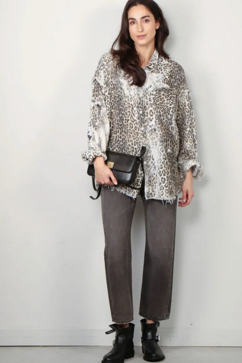 R13 Blouse - Shredded Seam Drop Neck Shirt - Bleached Leopard