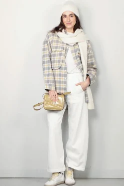R13 Blouse - Oversized Pocket Drop Neck Shirt - Cream/ Blue Plaid