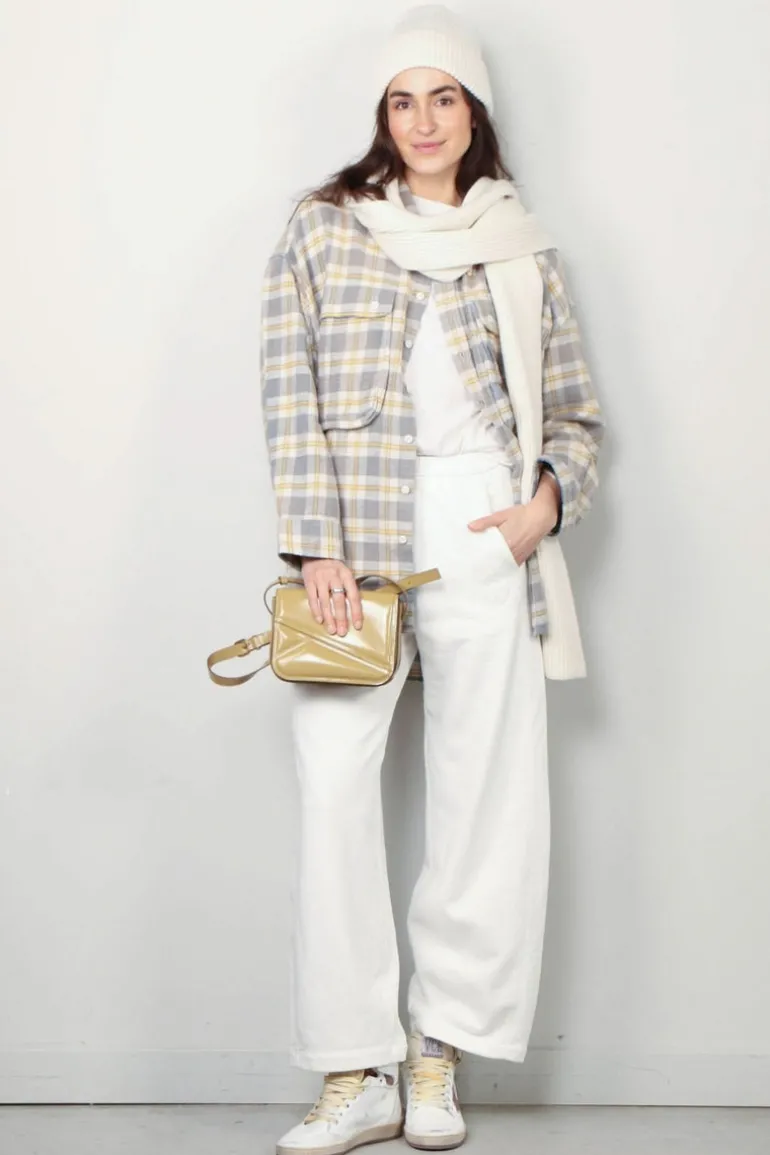 R13 Blouse - Oversized Pocket Drop Neck Shirt - Cream/ Blue Plaid