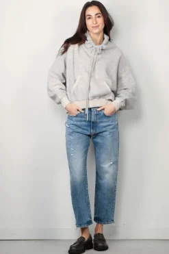 R13 Hoodie - Funnel Neck Cropped Popover - Heather Grey W/ Oatmeal