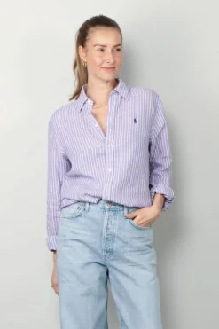 Ralph Lauren Blouse - Classic Long Sleeve Button Front Shirt - Purple / White