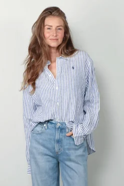 Ralph Lauren Blouse - N W Crp ST Long Sleeve Button Front Shirt - White / Blue