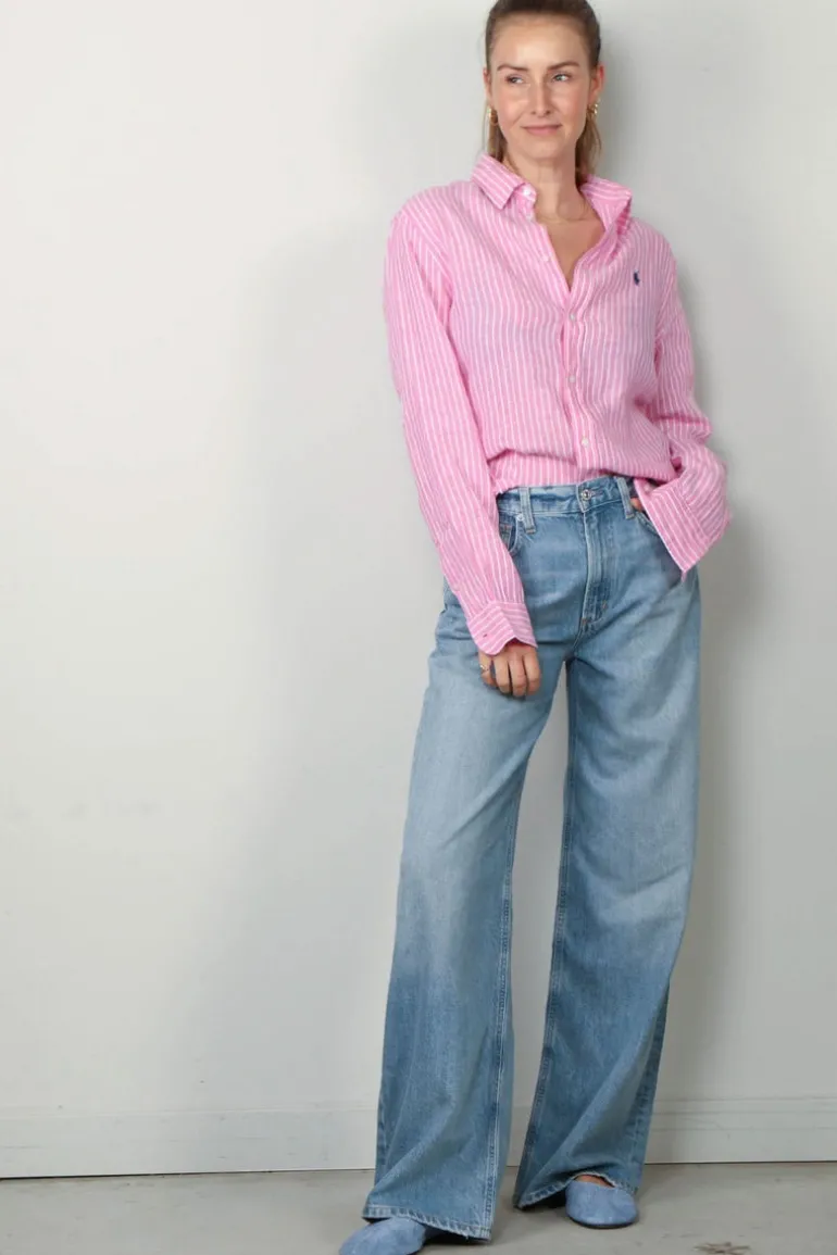 Ralph Lauren Blouse - Classic Long Sleeve Button Front Shirt - Pink / White