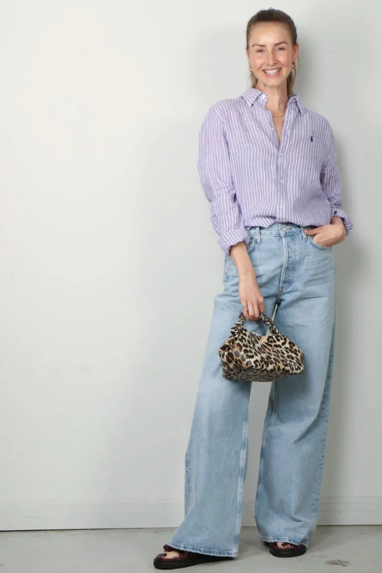 Ralph Lauren Blouse - Classic Long Sleeve Button Front Shirt - Purple / White