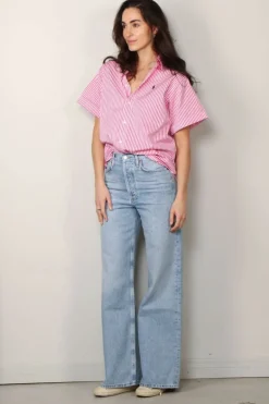 Ralph Lauren Blouse - SS Ligh ST Short Sleeve Button Front Shirt - White / Pink