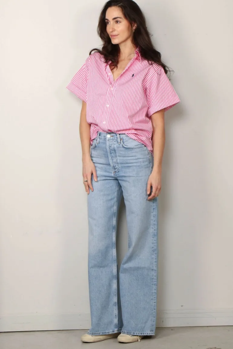 Ralph Lauren Blouse - SS Ligh ST Short Sleeve Button Front Shirt - White / Pink