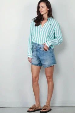 Ralph Lauren Blouse - N WD Crp St Long Sleeve Button Front Shirt - Green White