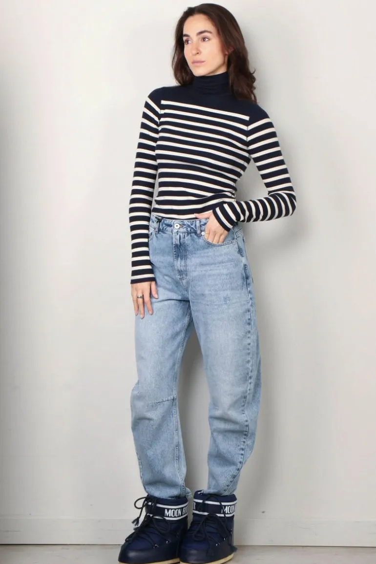 Ralph Lauren Trui - Striped Ribbed Turtleneck - Hunter Navy / Guide Cream