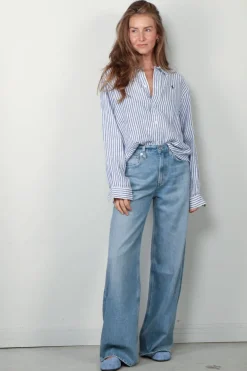Ralph Lauren Blouse - N W Crp ST Long Sleeve Button Front Shirt - White / Blue