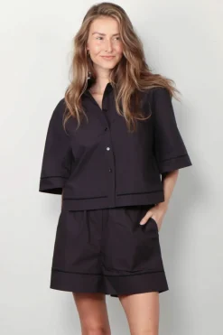RÓHE Blouse - Ladder Embroidered Poplin Shirt - Black