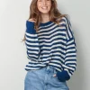 RÓHE Trui - Striped Linen Crew Neck - Cobalt / Cream Stripe