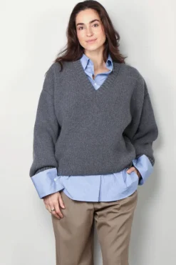 RÓHE Trui - Compact V-Neck Jumper - Mid Grey Melange